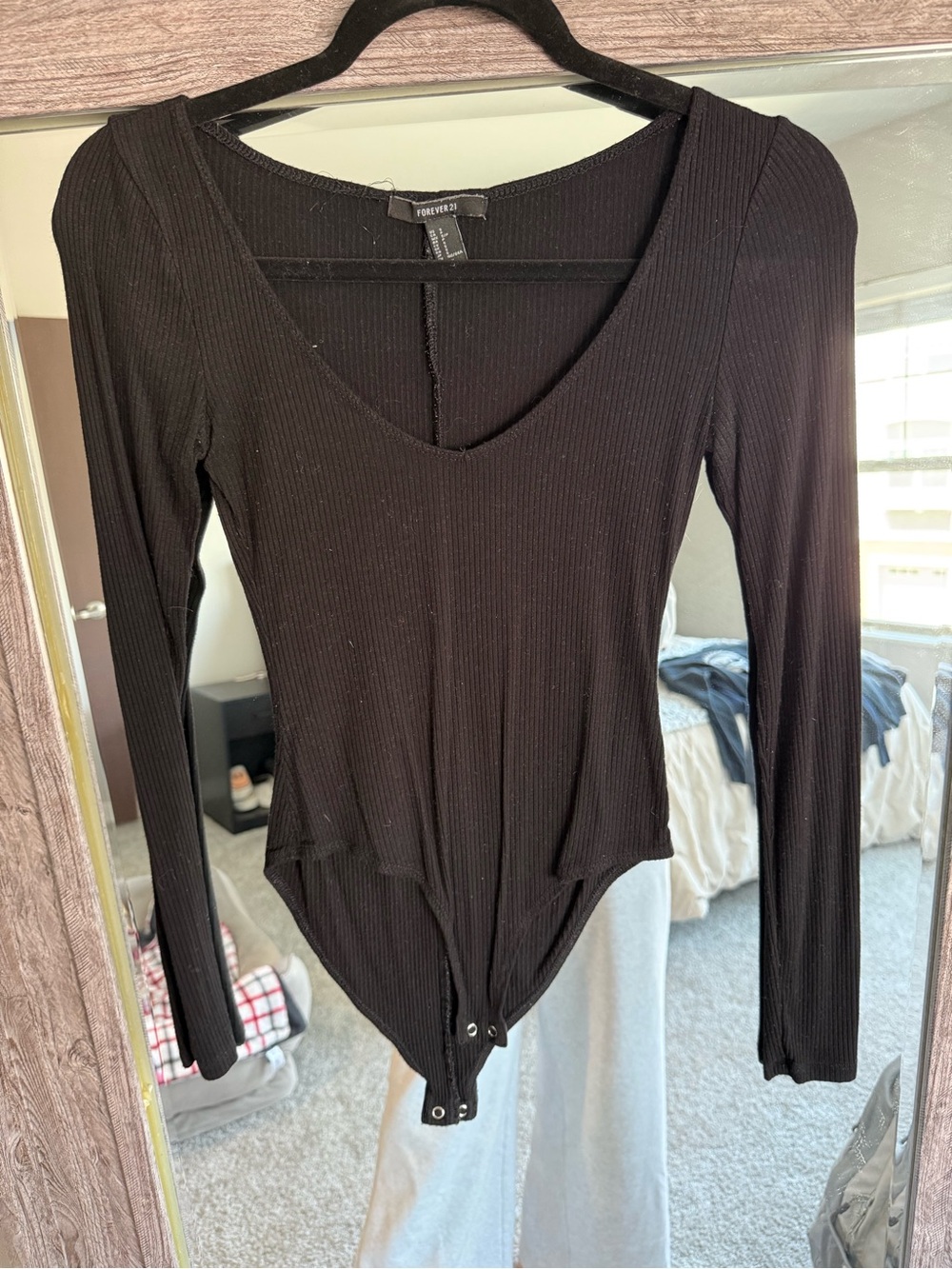 Forever 21 Black Ribbed V-Neck Long Sleeve Bodysuit